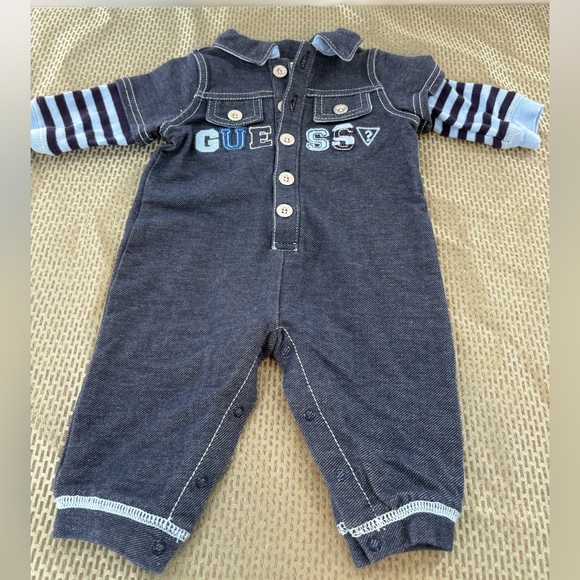Guess Other - GUESS Baby Boy One-Piece Denim Romper Playsuit Striped Sleeves Size 3-6 months